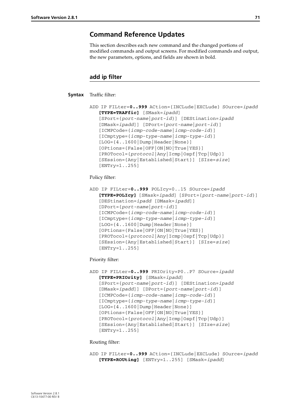 Command reference updates, Add ip filter | Allied Telesis RAPIER I User Manual | Page 71 / 232