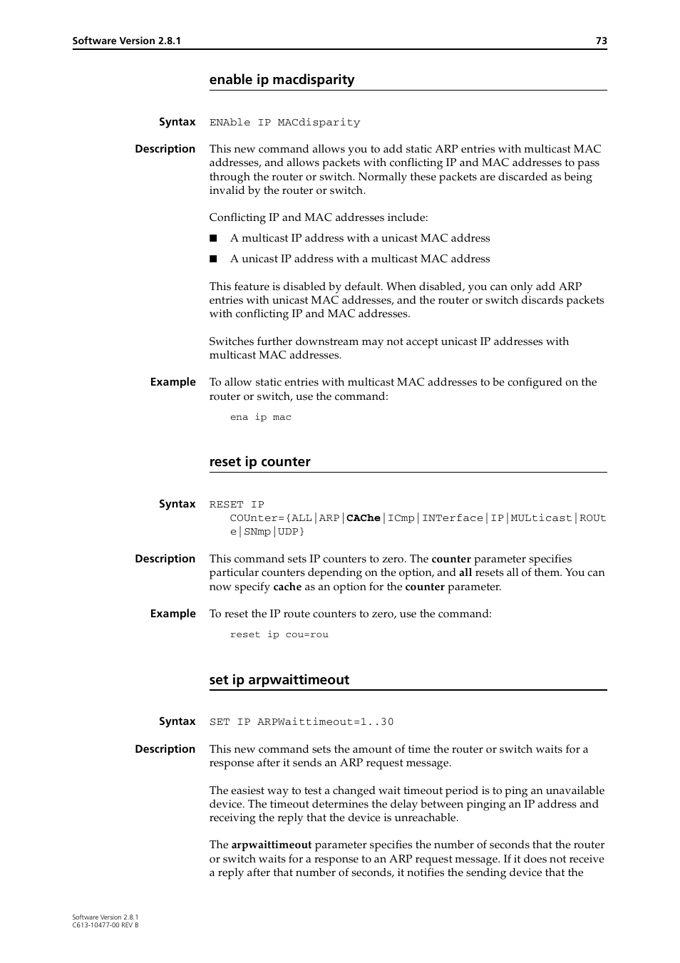 Enable ip macdisparity, Reset ip counter, Set ip arpwaittimeout | Allied Telesis RAPIER I User Manual | Page 73 / 232