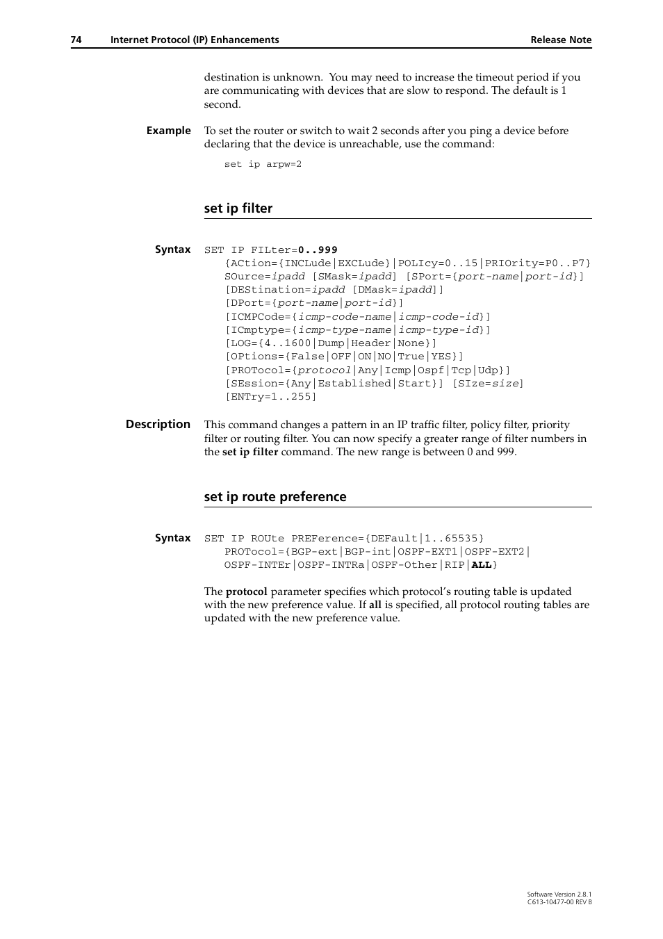 Set ip filter, Set ip route preference | Allied Telesis RAPIER I User Manual | Page 74 / 232