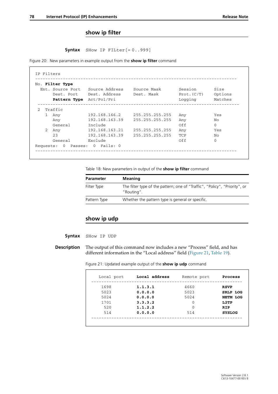 Show ip filter, Show ip udp | Allied Telesis RAPIER I User Manual | Page 78 / 232