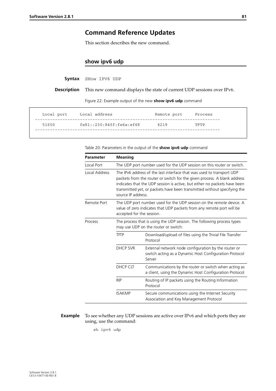 Command reference updates, Show ipv6 udp | Allied Telesis RAPIER I User Manual | Page 81 / 232