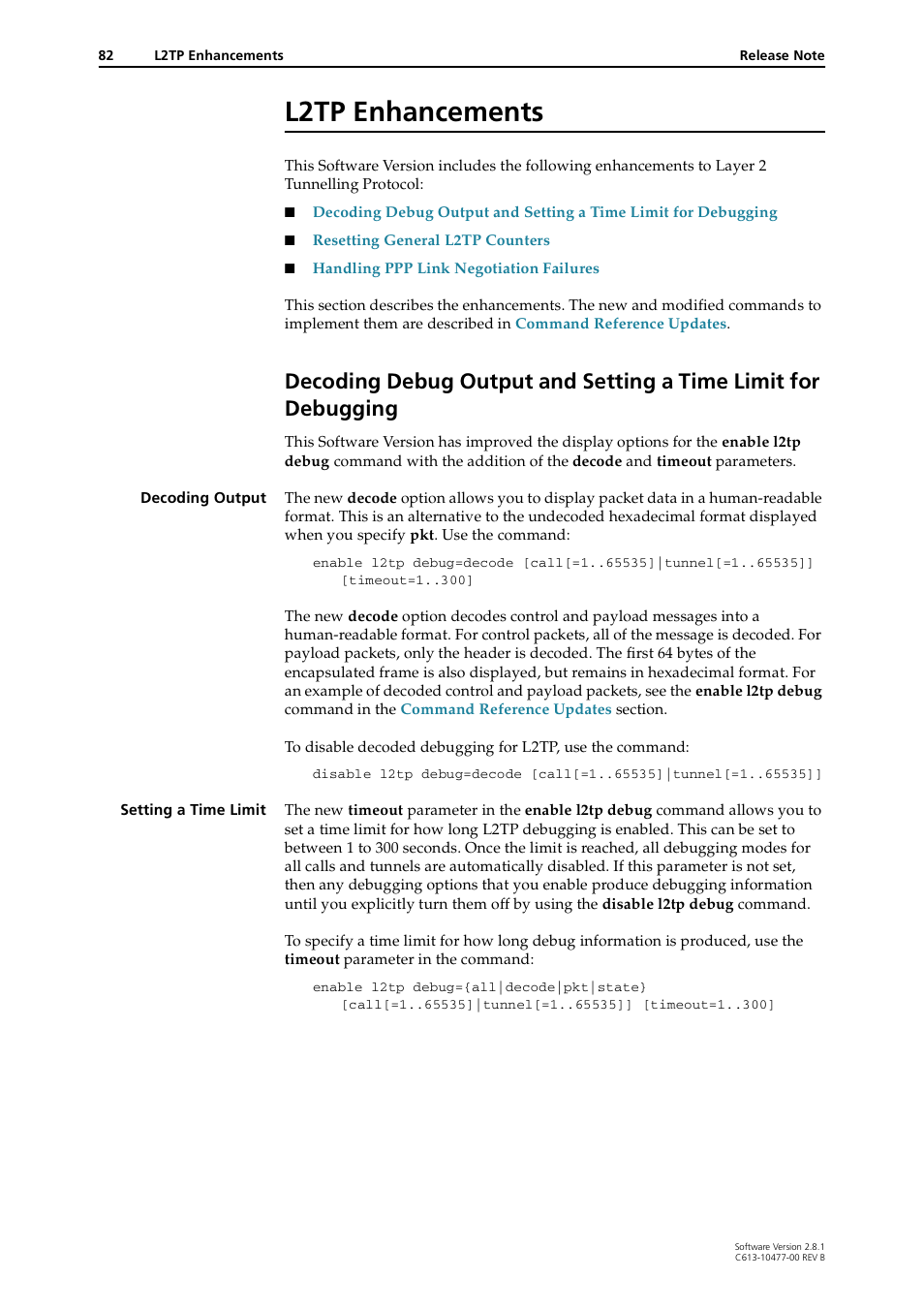 L2tp enhancements, Decoding debug output and setting a time limit for, Debugging | Allied Telesis RAPIER I User Manual | Page 82 / 232