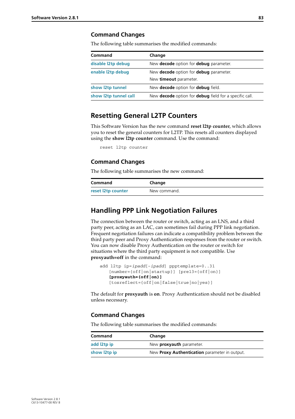 Resetting general l2tp counters, Handling ppp link negotiation failures, Command changes | Allied Telesis RAPIER I User Manual | Page 83 / 232
