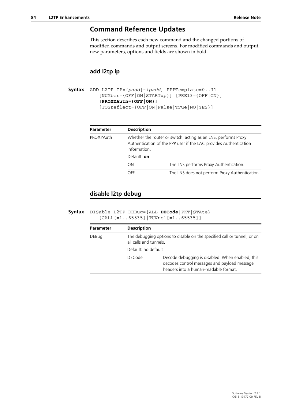 Command reference updates, Add l2tp ip, Disable l2tp debug | Allied Telesis RAPIER I User Manual | Page 84 / 232