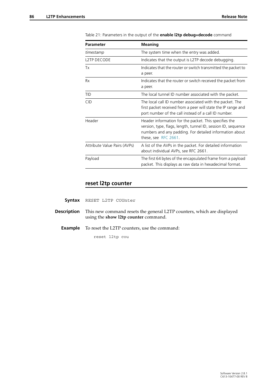 Reset l2tp counter | Allied Telesis RAPIER I User Manual | Page 86 / 232