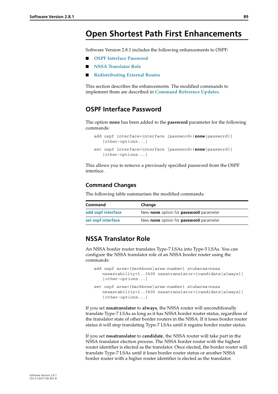 Open shortest path first enhancements, Ospf interface password, Nssa translator role | Ospf interface password nssa translator role, Command changes | Allied Telesis RAPIER I User Manual | Page 89 / 232