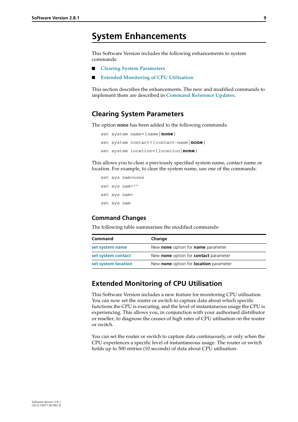 System enhancements, Clearing system parameters, Extended monitoring of cpu utilisation | Command changes | Allied Telesis RAPIER I User Manual | Page 9 / 232