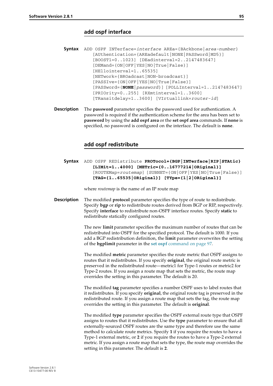 Add ospf interface, Add ospf redistribute | Allied Telesis RAPIER I User Manual | Page 95 / 232