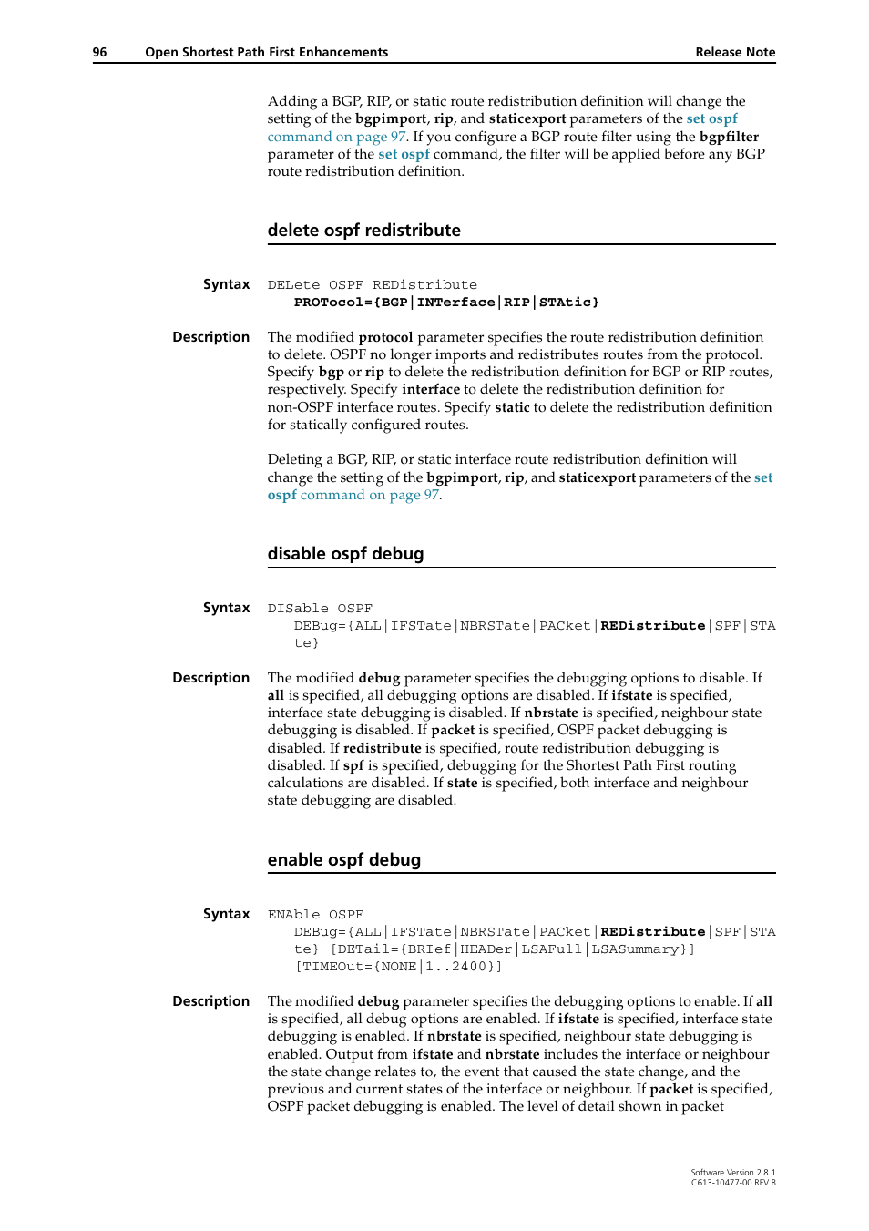 Delete ospf redistribute, Disable ospf debug, Enable ospf debug | Allied Telesis RAPIER I User Manual | Page 96 / 232