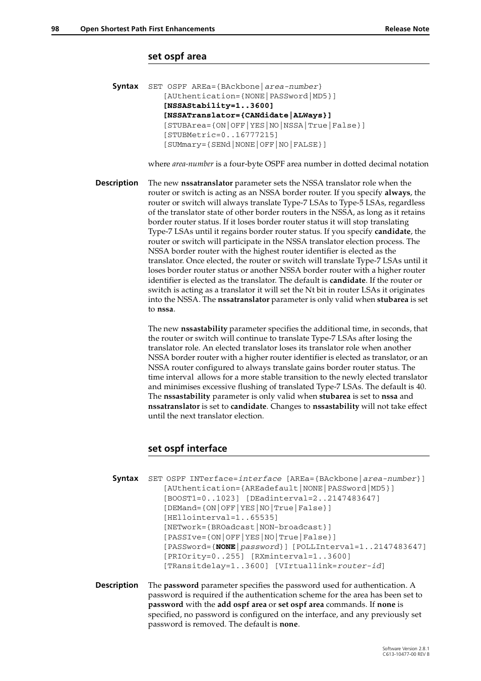 Set ospf area, Set ospf interface | Allied Telesis RAPIER I User Manual | Page 98 / 232