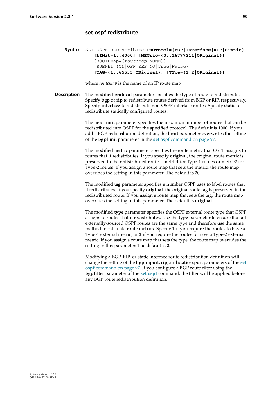 Set ospf redistribute | Allied Telesis RAPIER I User Manual | Page 99 / 232