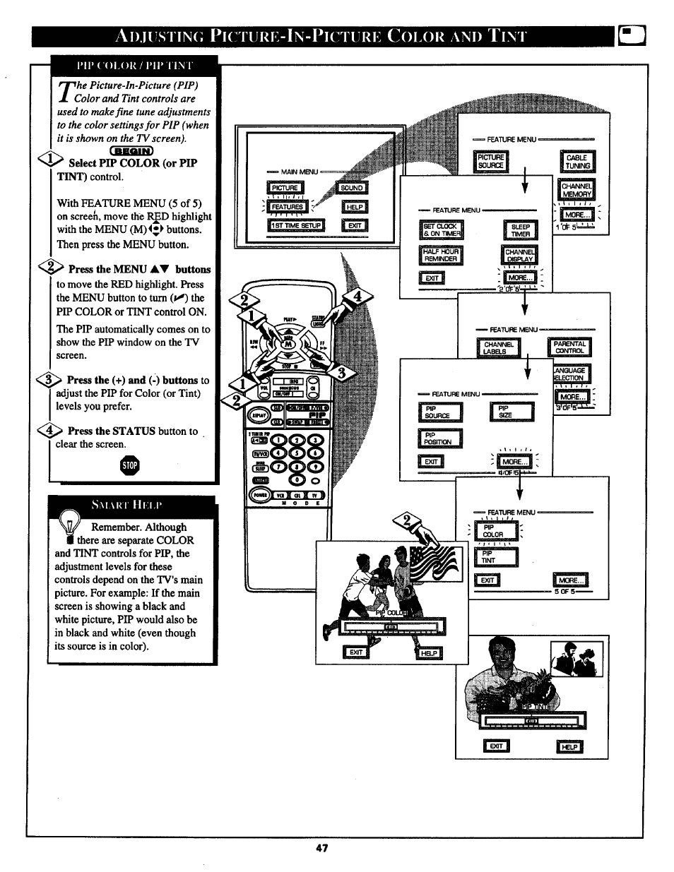 Adjustin(ì picture-in-picture color and tint, Tin(ì p, I exit | Philips MX2797B User Manual | Page 47 / 56