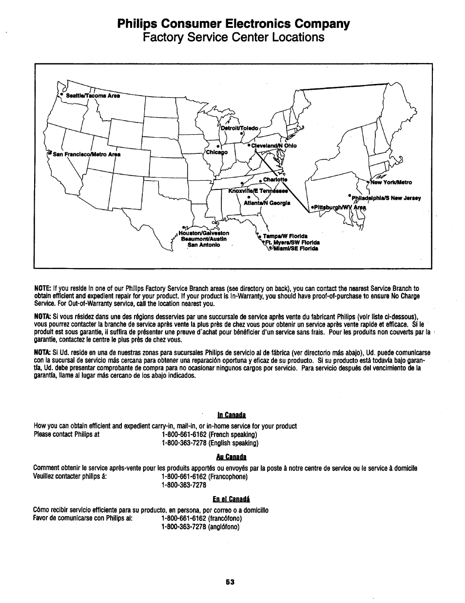 Factory service center locations, Philips consumer electronics company | Philips MX2797B User Manual | Page 53 / 56