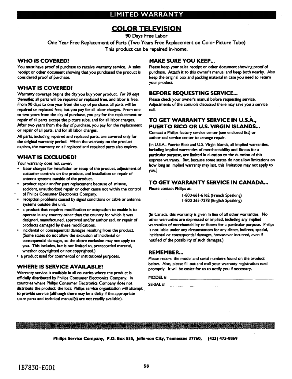 Who is covered, What is covered, What is excluded | Where is service available, Make sure you keep, Before requesting service, To get warranty service in canada, Remember, Color television | Philips MX2797B User Manual | Page 56 / 56