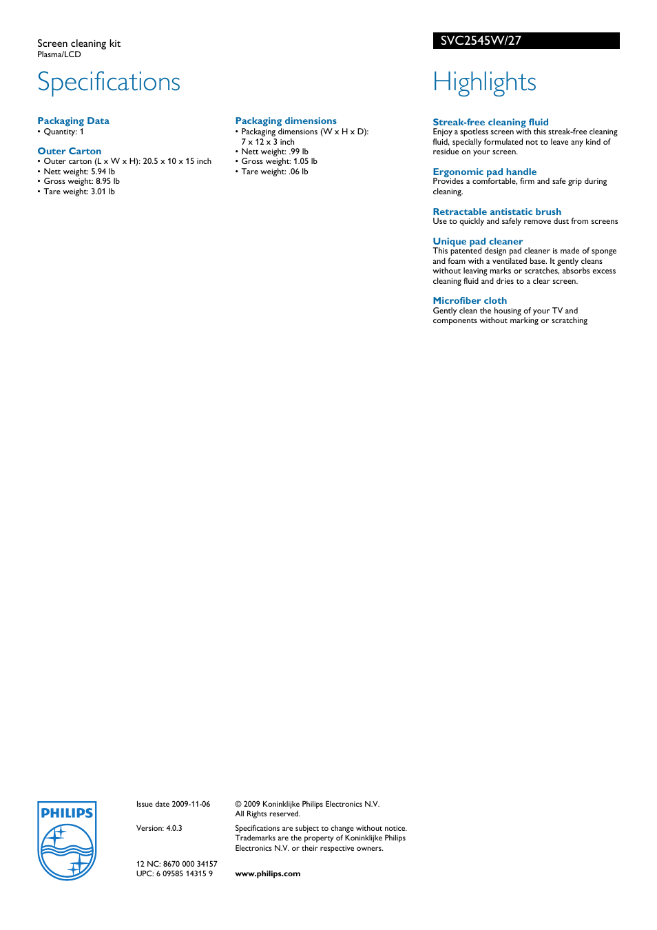 Specifications, Highlights | Philips SVC2545W-27 User Manual | Page 2 / 2