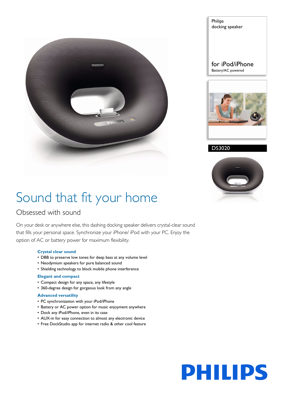 Philips docking speaker DS3020 for iPod-iPhone Battery-AC powered User Manual | 2 pages