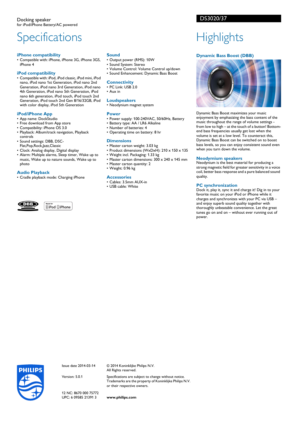 Specifications, Highlights | Philips docking speaker DS3020 for iPod-iPhone Battery-AC powered User Manual | Page 2 / 2