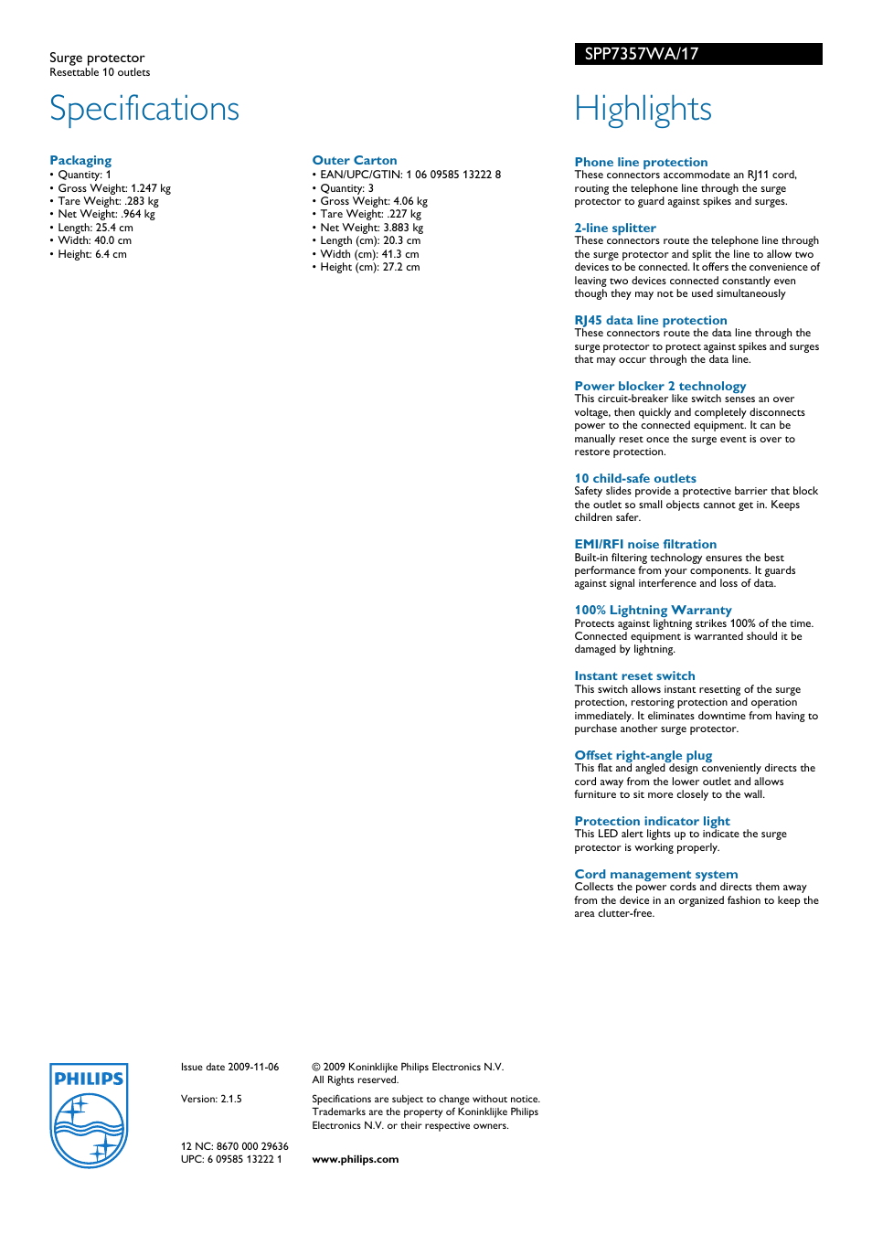 Specifications, Highlights | Philips SPP7357WA-17 User Manual | Page 2 / 2