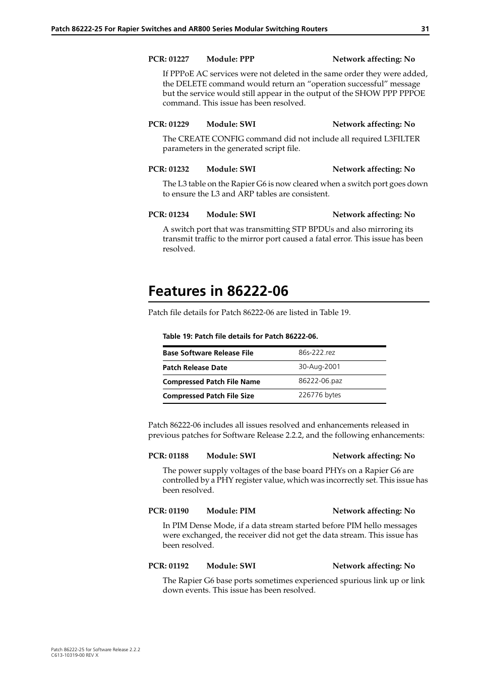 Features in 86222-06 | Allied Telesis 86222-25 User Manual | Page 31 / 36