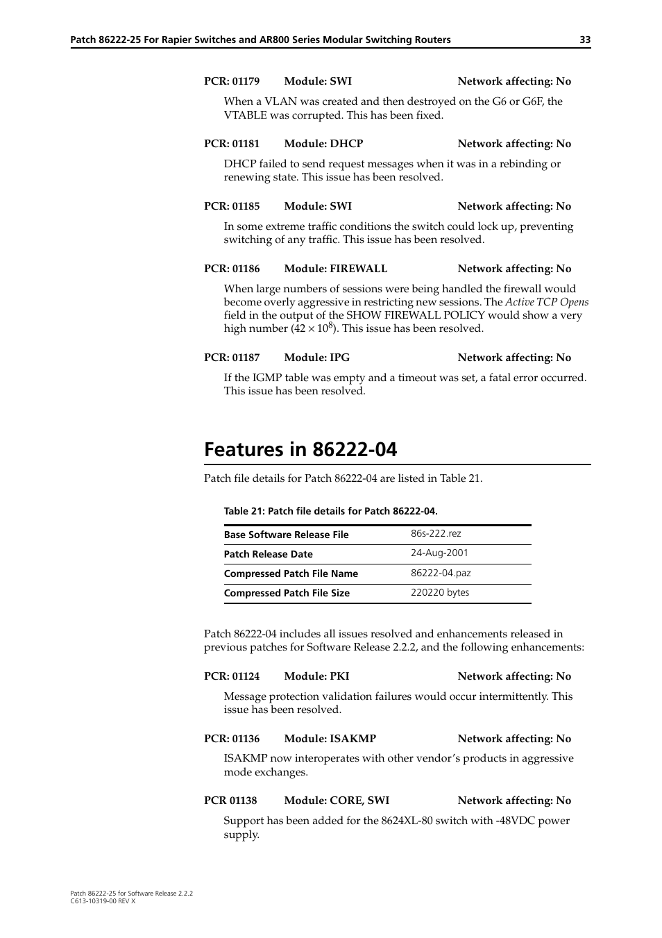 Features in 86222-04 | Allied Telesis 86222-25 User Manual | Page 33 / 36