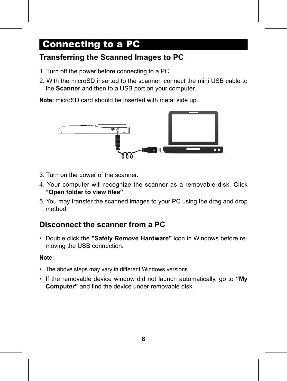 Connecting to a pc | Philips Glide Handheld Scanner SIC4014H User Manual | Page 10 / 48