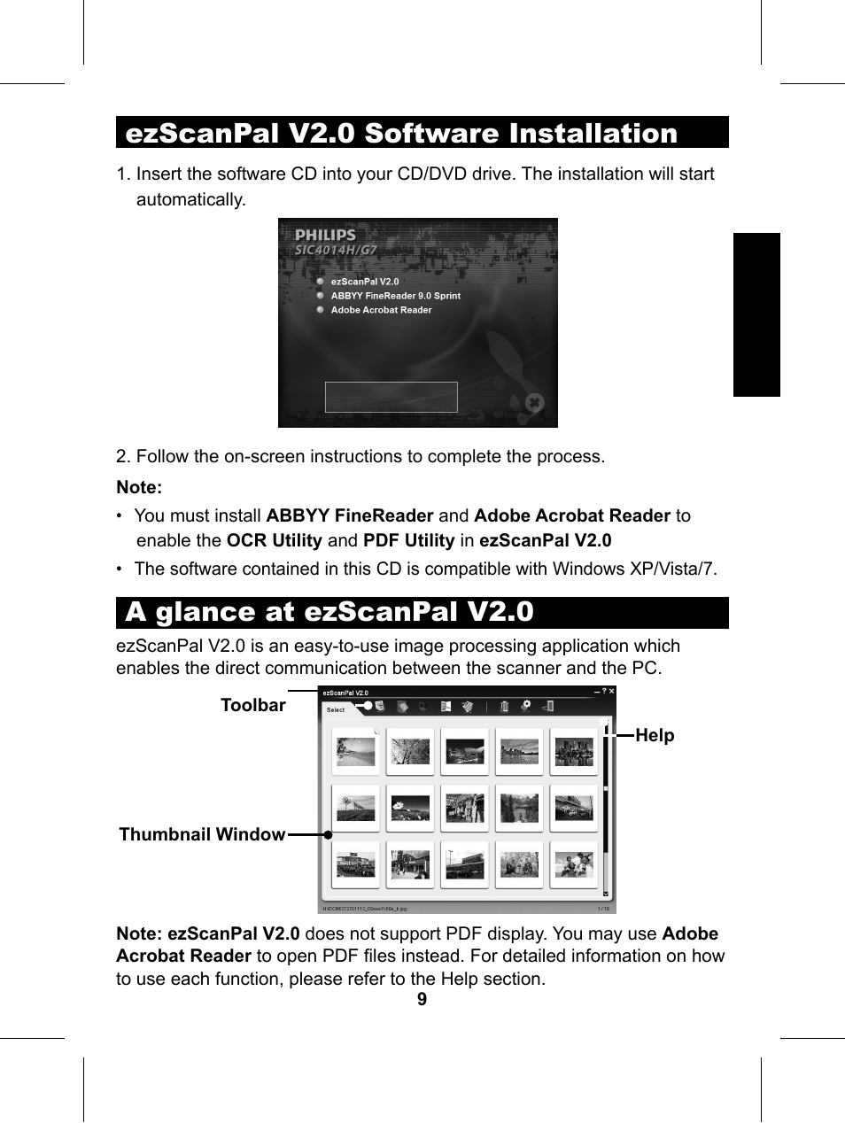 Ezscanpal v2.0 software installation, A glance at ezscanpal v2.0 | Philips Glide Handheld Scanner SIC4014H User Manual | Page 11 / 48