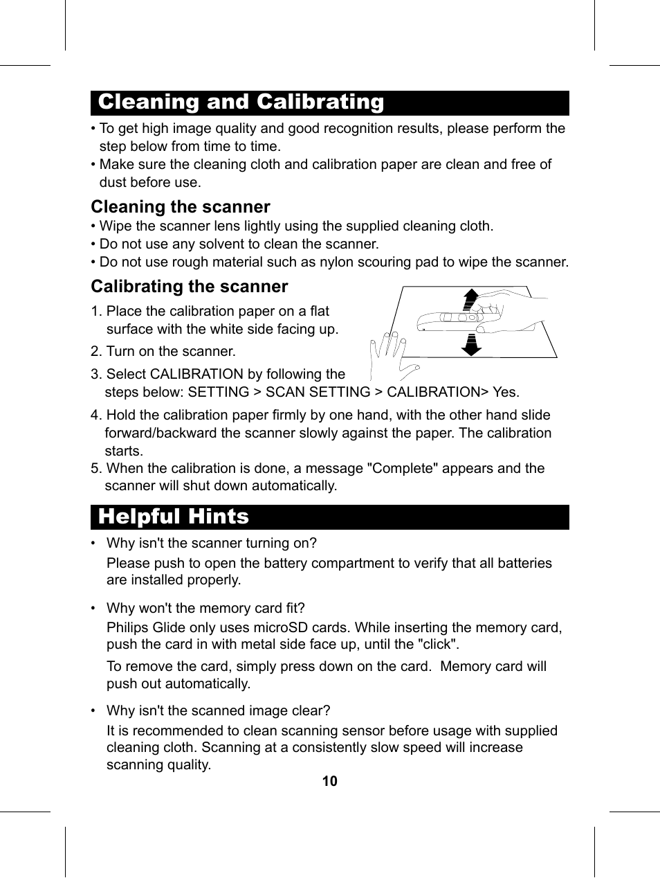 Cleaning and calibrating, Helpful hints, Cleaning the scanner | Calibrating the scanner | Philips Glide Handheld Scanner SIC4014H User Manual | Page 12 / 48
