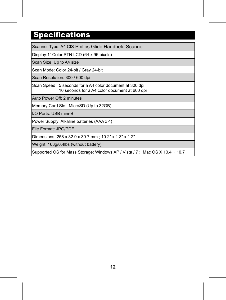 Specifi cations | Philips Glide Handheld Scanner SIC4014H User Manual | Page 14 / 48