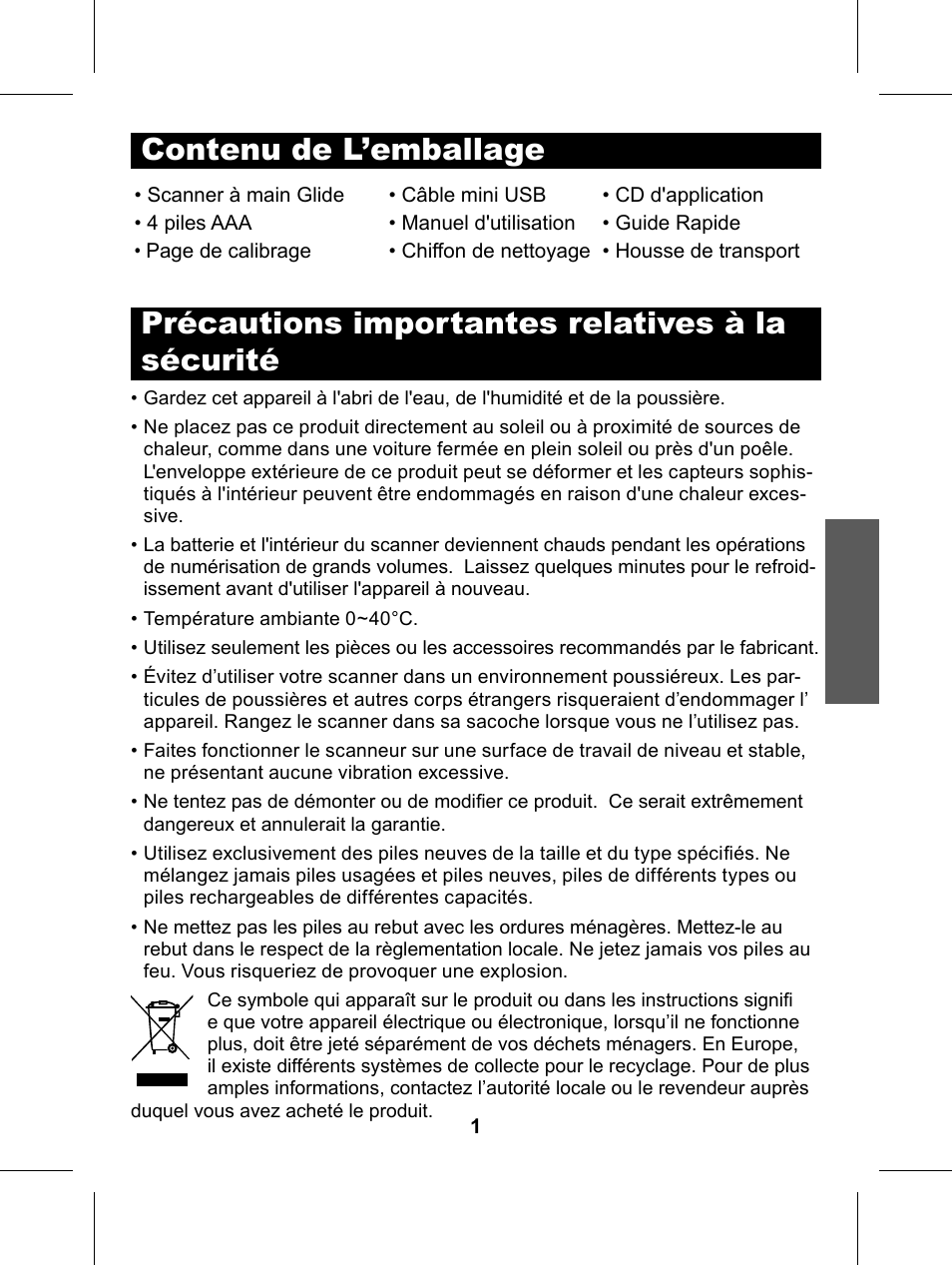 345-00240_fr, Précautions importantes relatives à la sécurité, Contenu de l’emballage | Philips Glide Handheld Scanner SIC4014H User Manual | Page 17 / 48