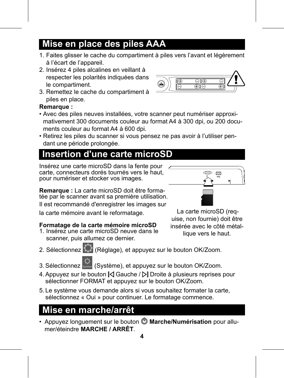 Mise en place des piles aaa, Insertion d'une carte microsd, Mise en marche/arrêt | Philips Glide Handheld Scanner SIC4014H User Manual | Page 20 / 48