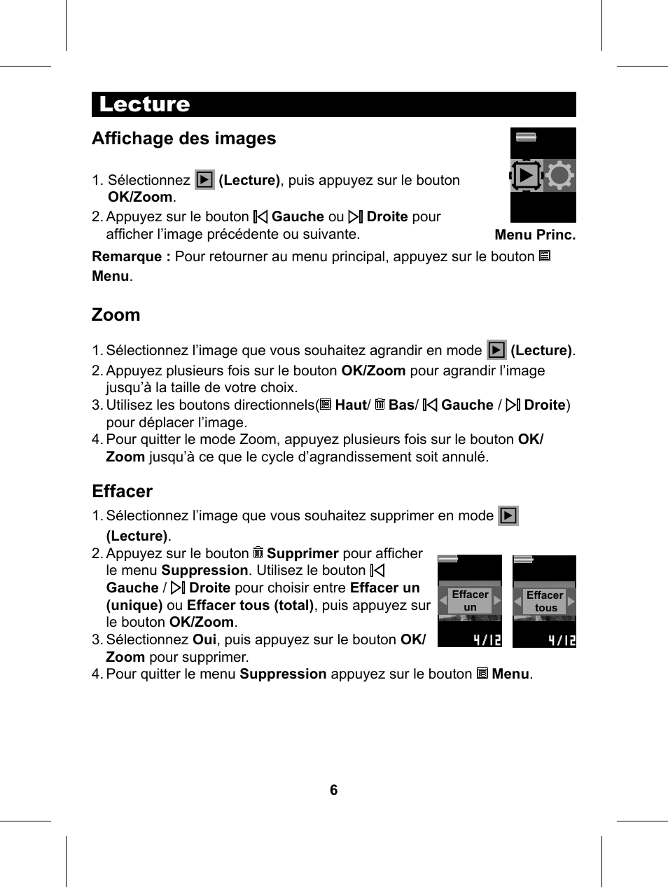 Lecture, Affi chage des images, Zoom | Effacer | Philips Glide Handheld Scanner SIC4014H User Manual | Page 22 / 48