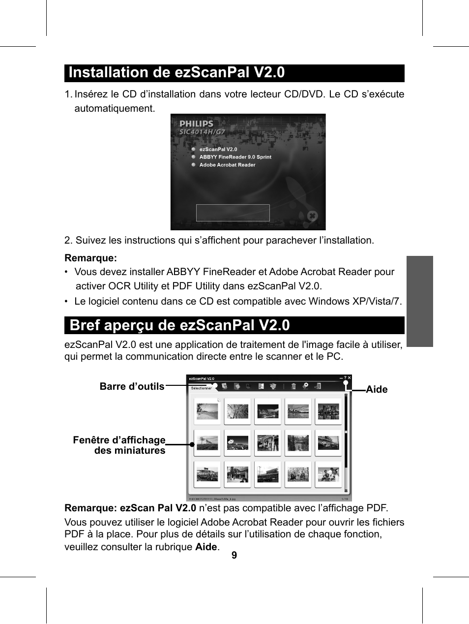 Bref aperçu de ezscanpal v2.0, Installation de ezscanpal v2.0 | Philips Glide Handheld Scanner SIC4014H User Manual | Page 25 / 48