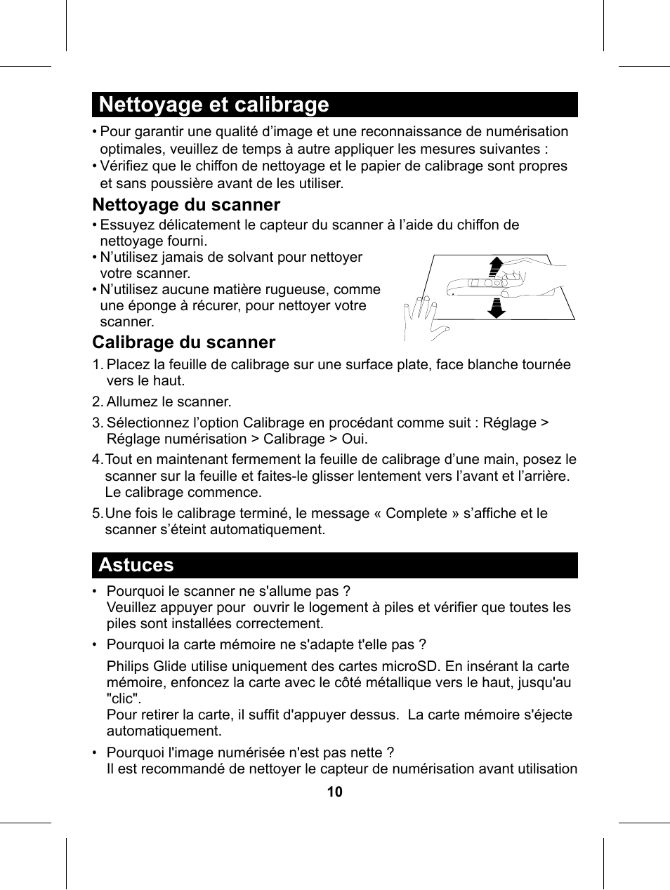 Nettoyage et calibrage, Astuces, Nettoyage du scanner | Calibrage du scanner | Philips Glide Handheld Scanner SIC4014H User Manual | Page 26 / 48