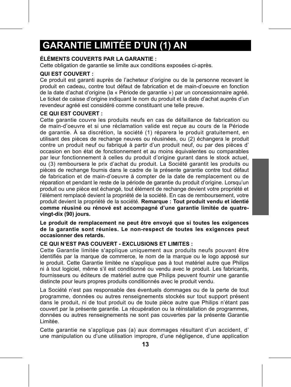 Garantie limitée d’un (1) an | Philips Glide Handheld Scanner SIC4014H User Manual | Page 29 / 48