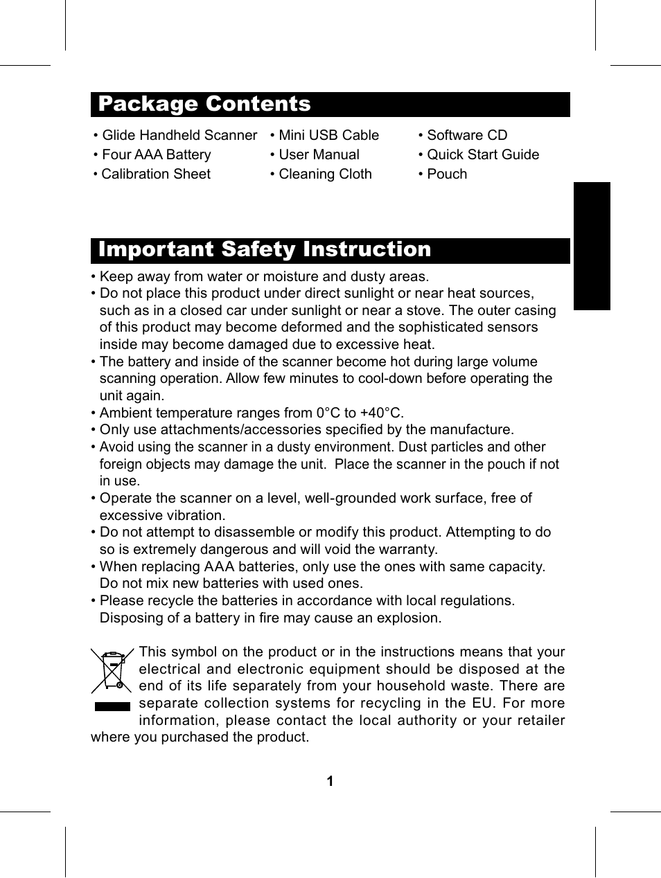 Important safety instruction, Package contents | Philips Glide Handheld Scanner SIC4014H User Manual | Page 3 / 48
