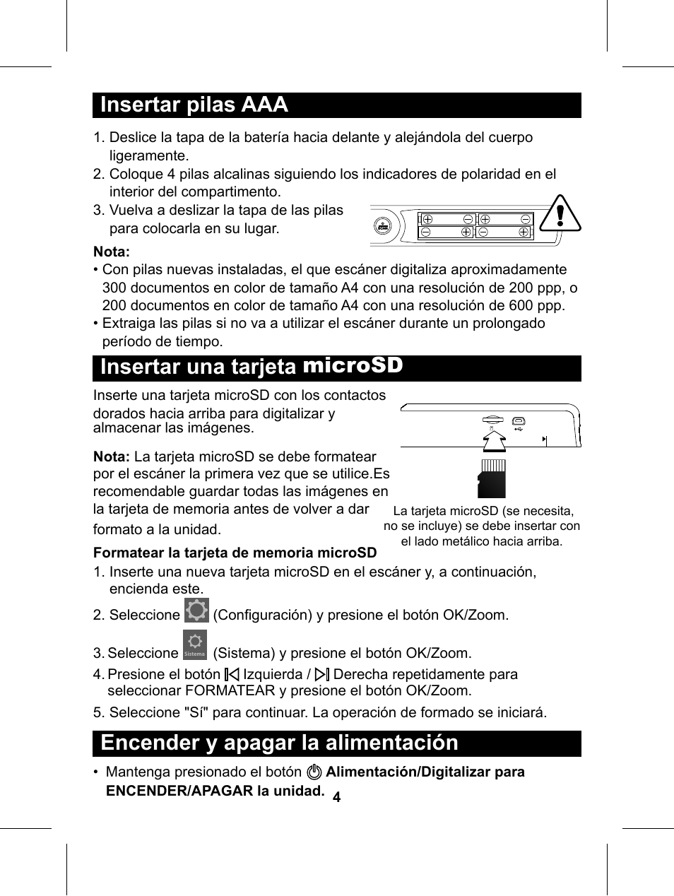 Insertar pilas aaa, Insertar una tarjeta microsd, Encender y apagar la alimentación | Philips Glide Handheld Scanner SIC4014H User Manual | Page 34 / 48