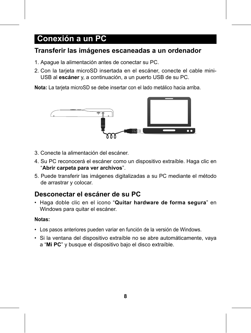 Conexión a un pc, Transferir las imágenes escaneadas a un ordenador, Desconectar el escáner de su pc | Philips Glide Handheld Scanner SIC4014H User Manual | Page 38 / 48