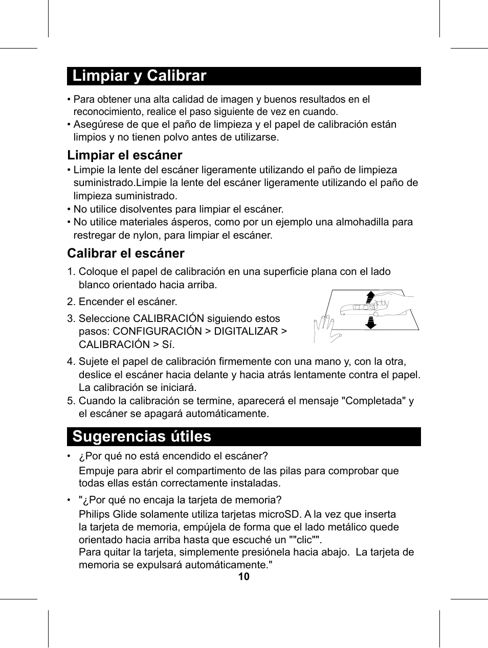 Limpiar y calibrar, Sugerencias útiles | Philips Glide Handheld Scanner SIC4014H User Manual | Page 40 / 48