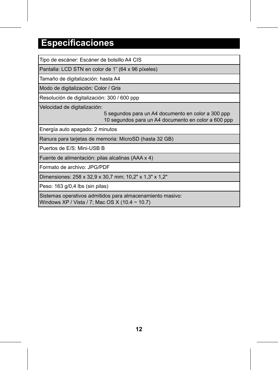 Especifi caciones | Philips Glide Handheld Scanner SIC4014H User Manual | Page 42 / 48