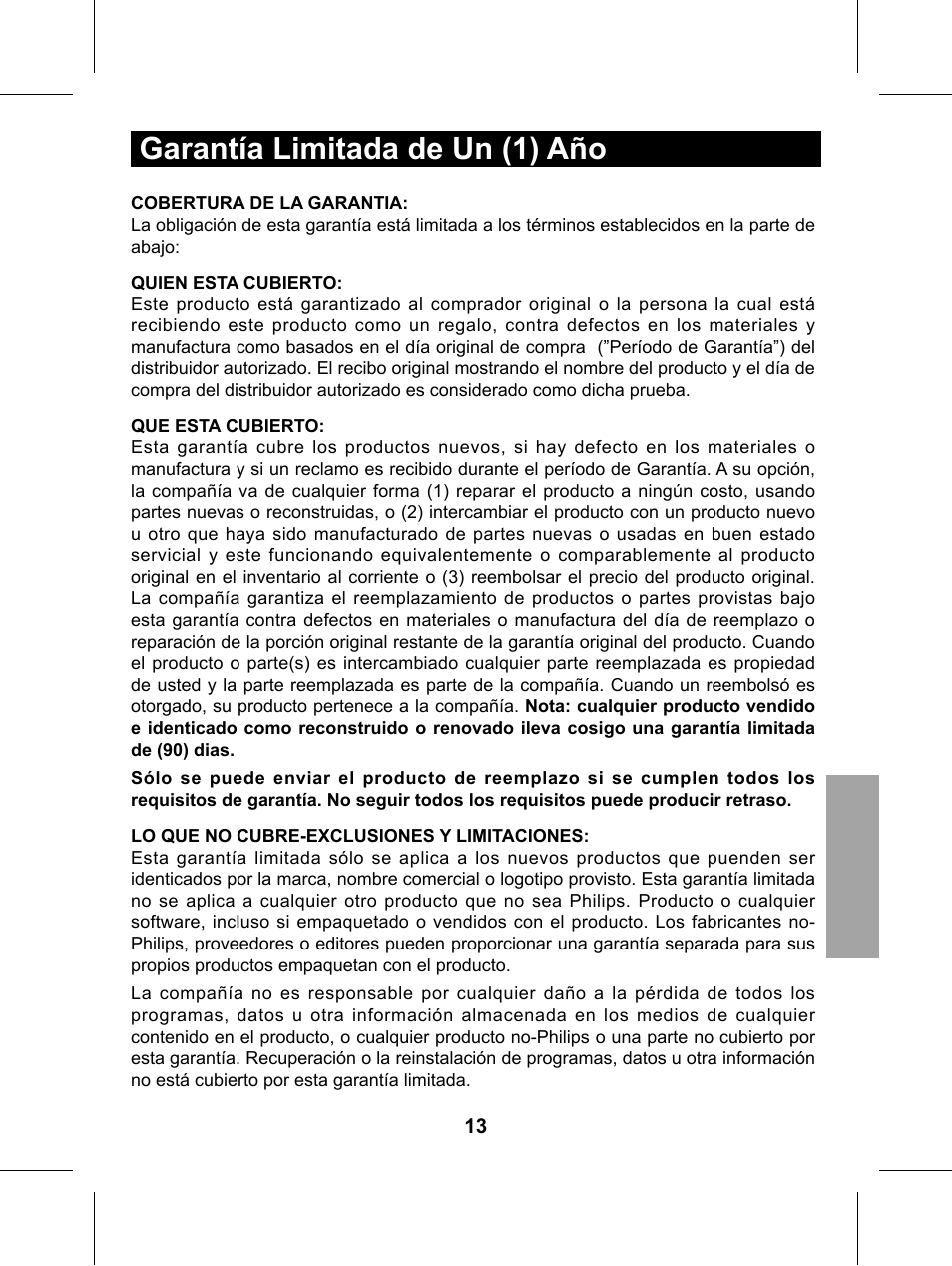 Garantía limitada de un (1) año | Philips Glide Handheld Scanner SIC4014H User Manual | Page 43 / 48