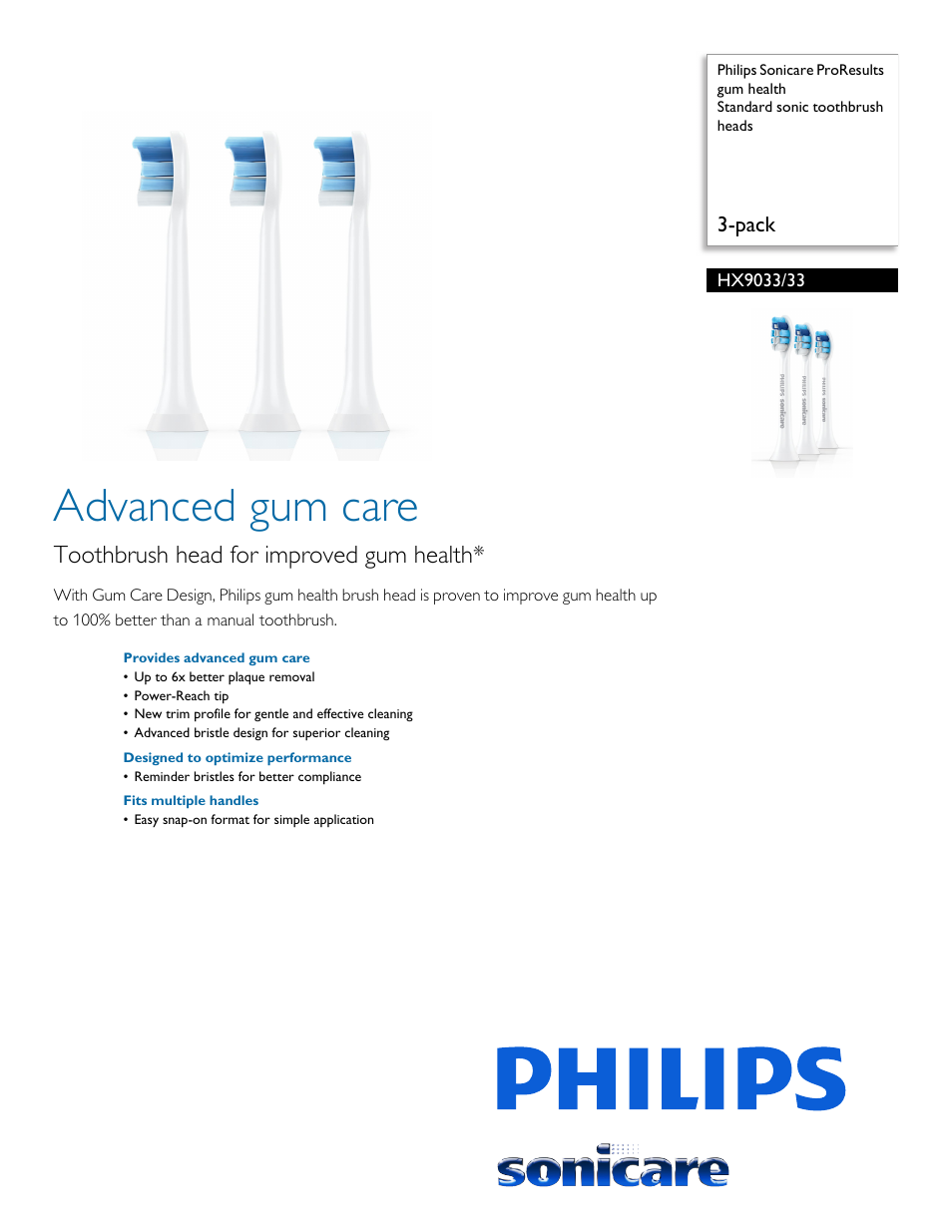 Philips Sonicare ProResults gum health Standard sonic toothbrush heads HX9033-33 3-pack User Manual | 2 pages