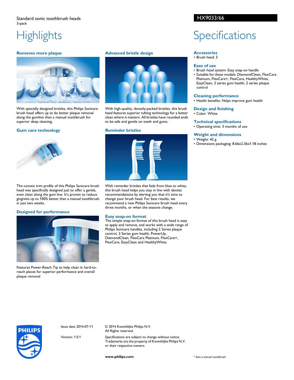 Highlights, Specifications | Philips Sonicare ProResults gum health Standard sonic toothbrush heads HX9033-33 3-pack User Manual | Page 2 / 2