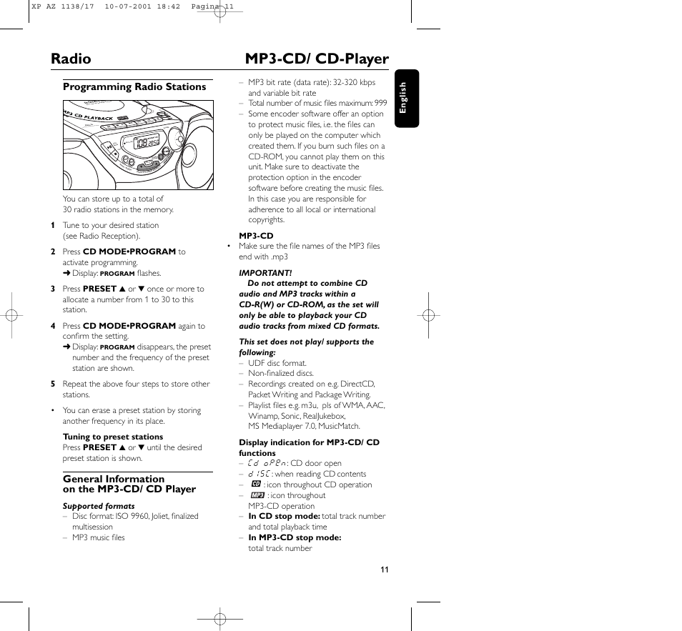 Radio mp3-cd/ cd-player | Philips AZ113817 User Manual | Page 11 / 46