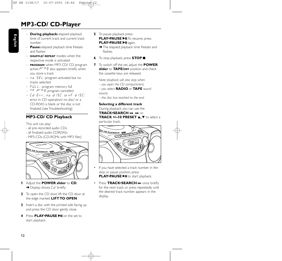 Mp3-cd/ cd-player | Philips AZ113817 User Manual | Page 12 / 46