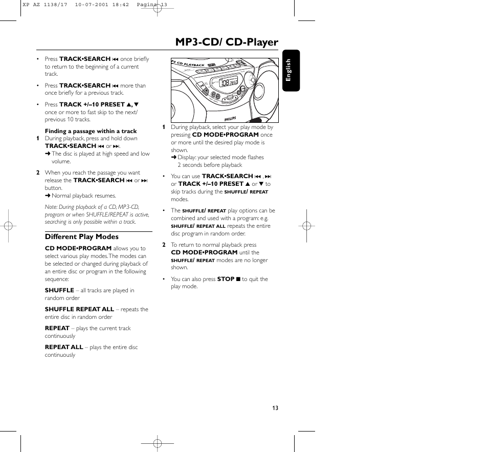 Mp3-cd/ cd-player | Philips AZ113817 User Manual | Page 13 / 46