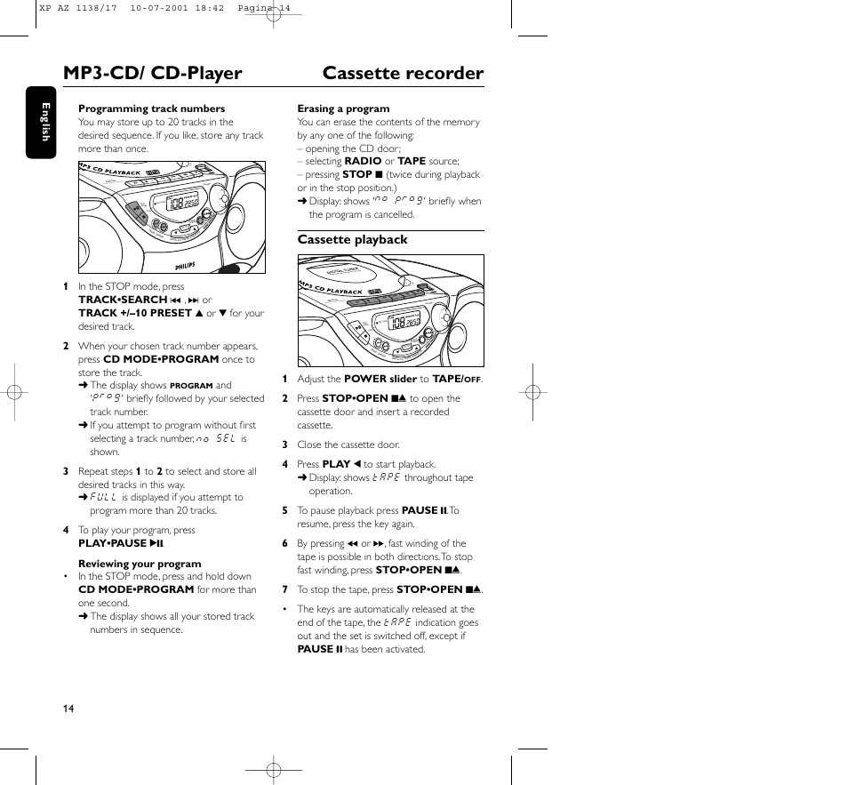 Mp3-cd/ cd-player cassette recorder | Philips AZ113817 User Manual | Page 14 / 46