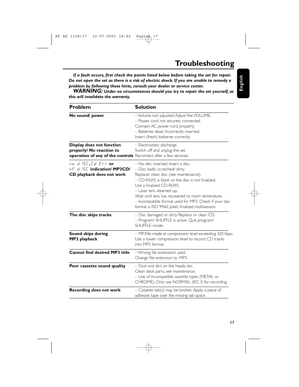 Troubleshooting, Warning | Philips AZ113817 User Manual | Page 17 / 46