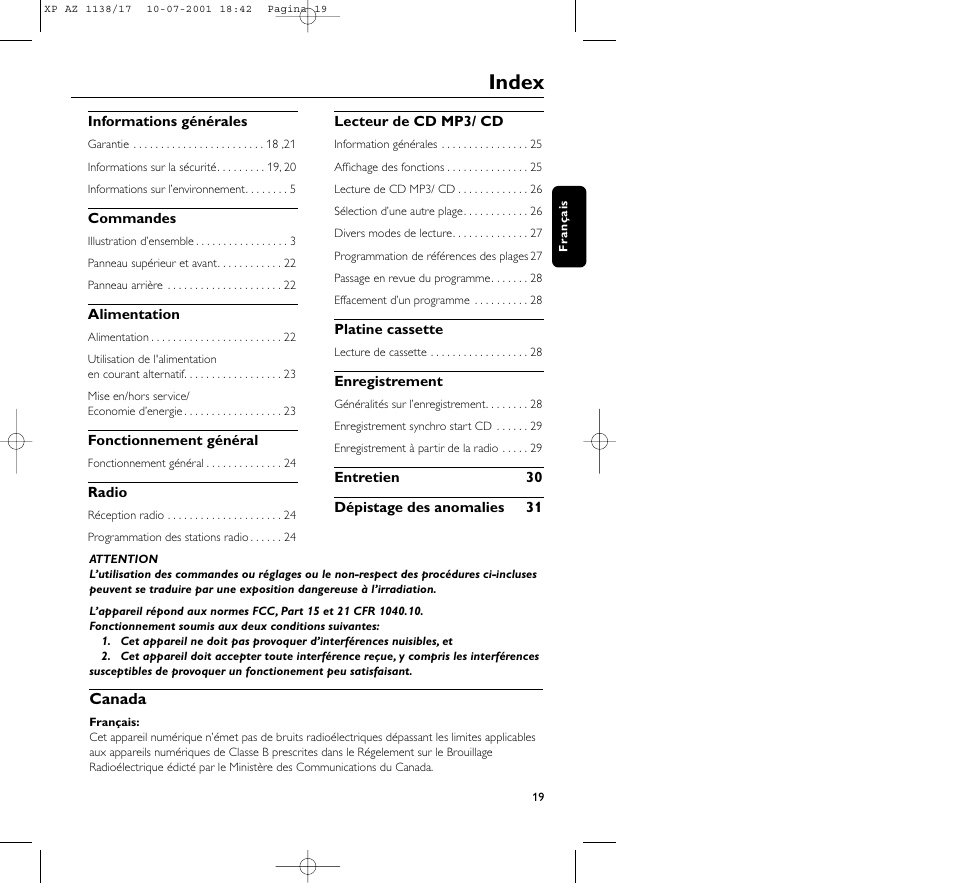 Index | Philips AZ113817 User Manual | Page 19 / 46