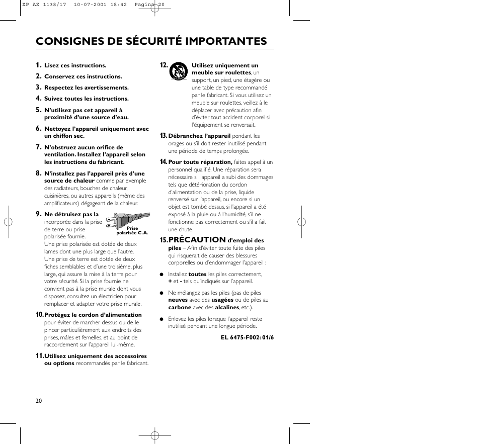 Consignes de sécurité importantes | Philips AZ113817 User Manual | Page 20 / 46