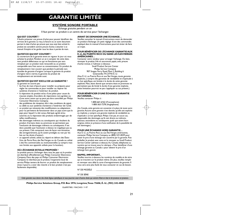 Garantie limitée | Philips AZ113817 User Manual | Page 21 / 46